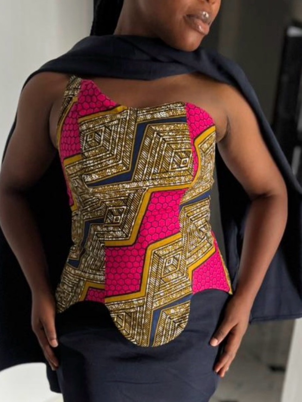 Strapless African Print Peplum Top in Pink and Gold